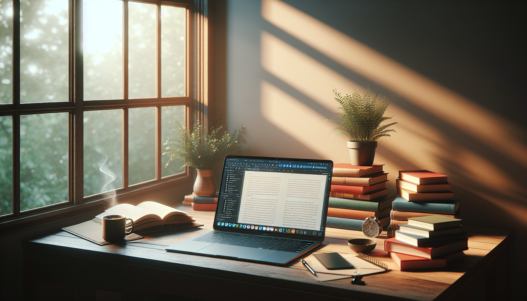 Cozy author workspace with laptop and coffee.