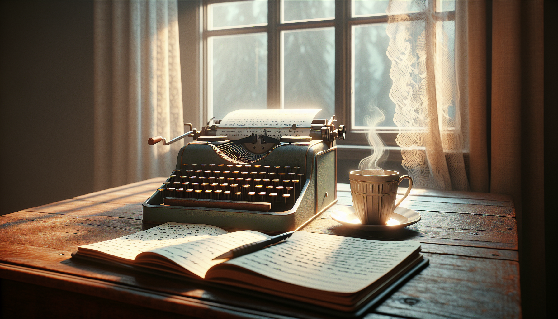 Cozy writing space with typewriter and coffee.