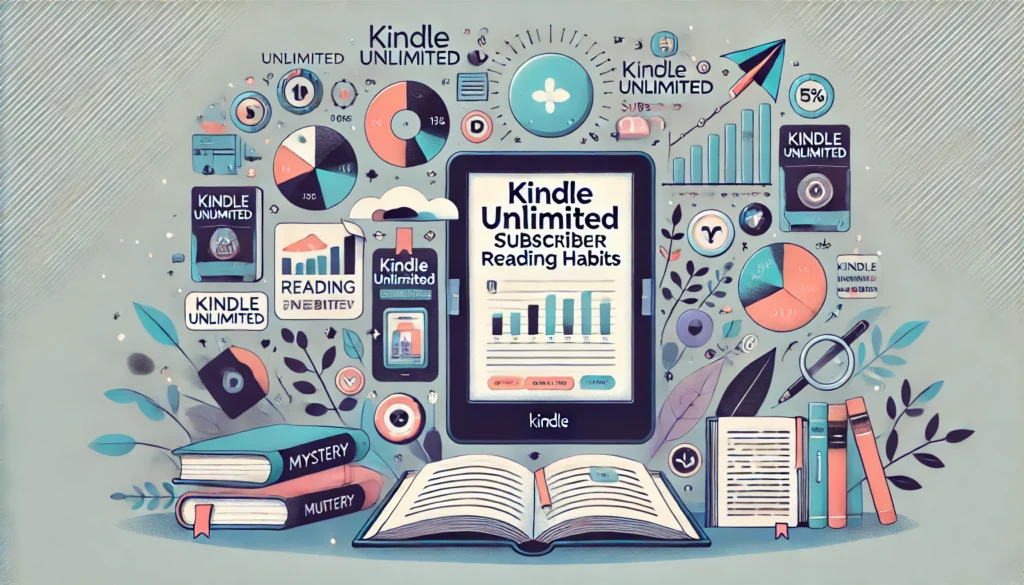 DALL·E 2024 10 09 15.16.02 An illustrated featured image for the topic Kindle Unlimited Subscriber Reading Habits. The image should include a modern and engaging look focusin