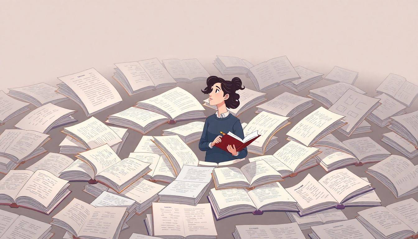 A person navigates a maze made of open books and research papers, holding a pencil and notebook, with soft lighting and muted colors creating a calm atmosphere.