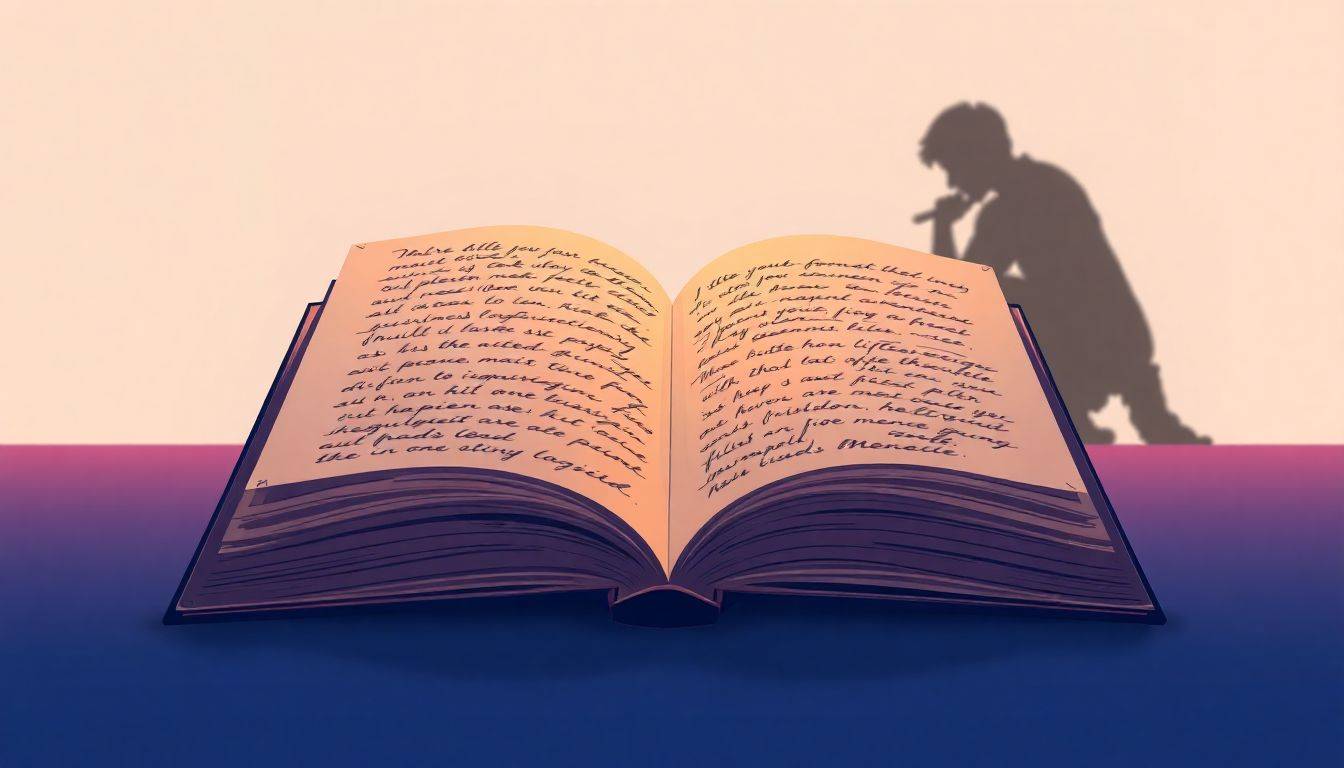 An open book with handwritten memories illuminated by soft light, with a silhouette of a person sitting pensively in the background, holding a pen.