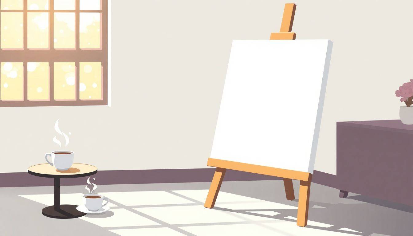 Minimalist illustration of a blank canvas on an easel in a cozy room, with a steaming cup of coffee on a table and soft morning light streaming through a window.