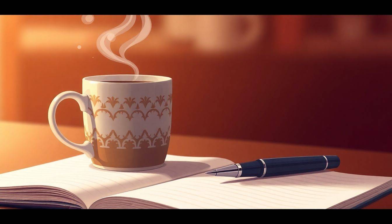 A cozy writing setup featuring a steaming coffee mug next to an open notebook with a fountain pen, set against a soft, blurred coffee shop background.