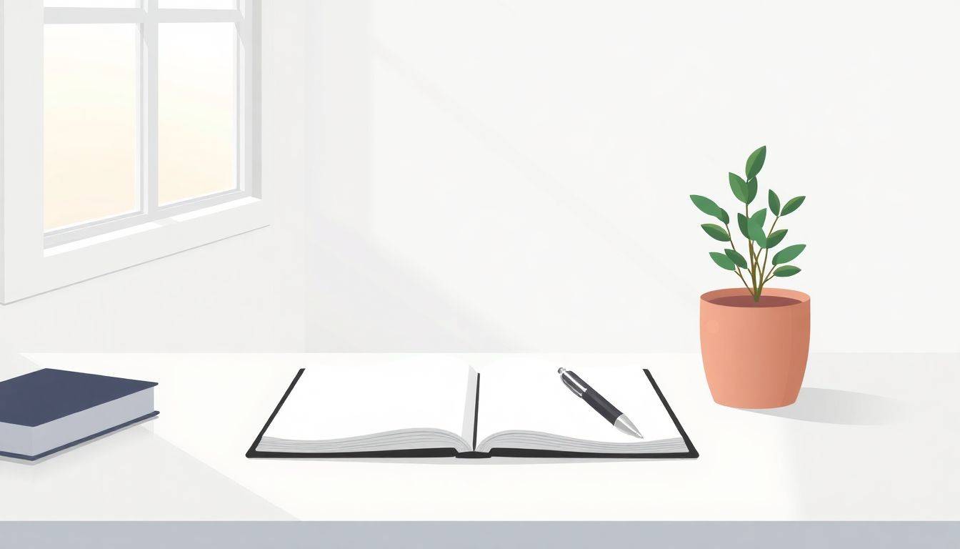 A serene workspace with a simple desk, an open notebook, a pen, soft natural light from a window, and a small potted plant.