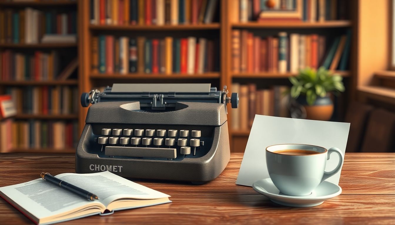 A vintage typewriter, a blank notepad, and a steaming cup of coffee on a textured wooden desk, with softly blurred bookshelves in the background, illuminated by warm, soft lighting.