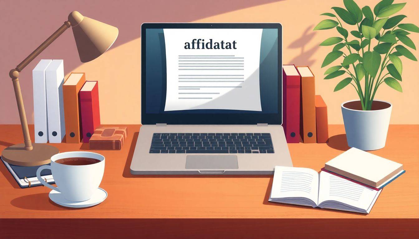 A serene workspace with a neatly organized desk, featuring a laptop displaying an 'Affidavit' document, a cup of coffee, and a few legal books, illuminated by soft lighting, with a potted plant in the background.