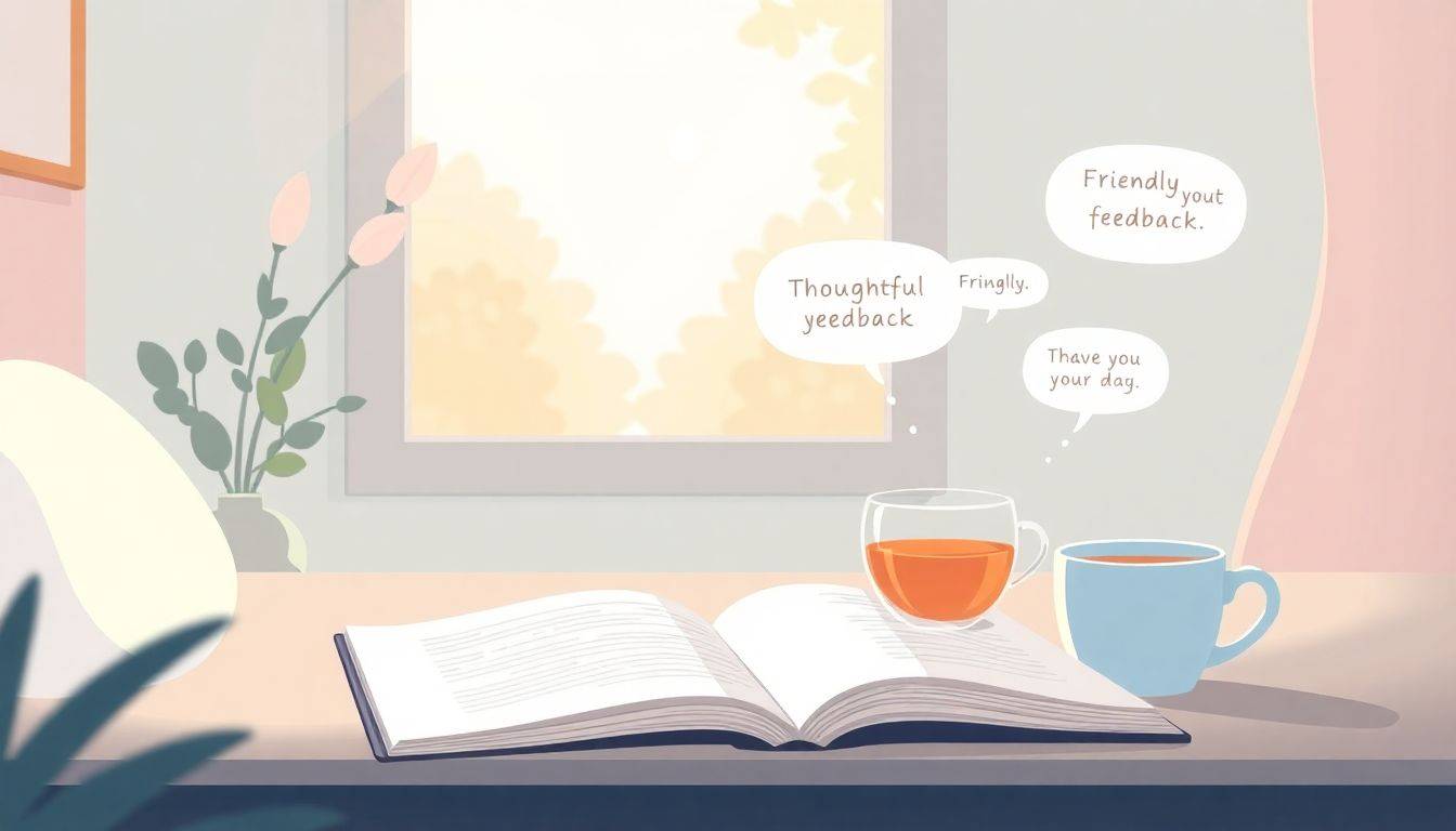 Cozy workspace with an open notebook, a cup of tea, warm light from a window, and soft floating speech bubbles with encouraging phrases.