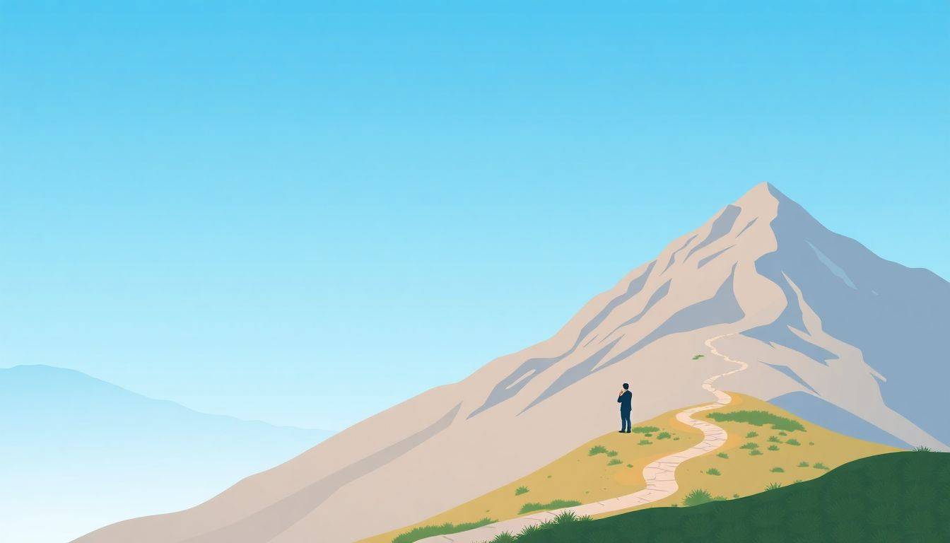 Winding path in a serene mountain landscape under a clear blue sky, with a single figure contemplating the view.