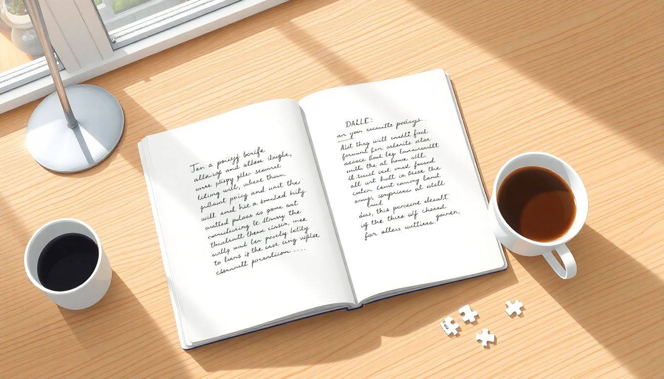 A minimalist workspace featuring a wooden desk with an open notebook displaying a handwritten outline for a policy brief, scattered puzzle pieces, a cup of coffee, and soft natural light filtering through a blurred window.