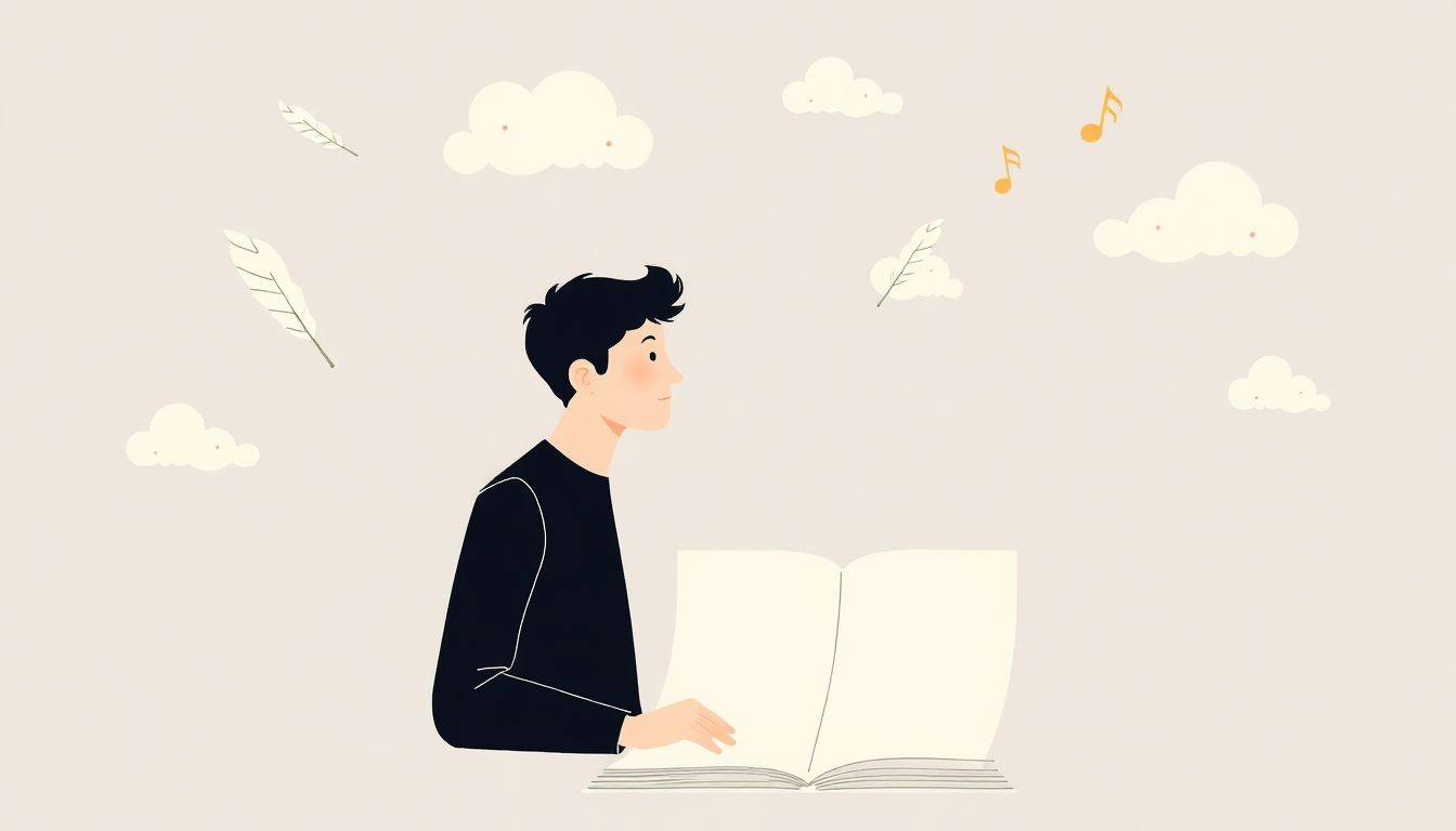 A solitary figure contemplates a blank page, surrounded by whimsical floating quills, playful clouds, and musical notes symbolizing laughter, in a warm, inviting color palette.