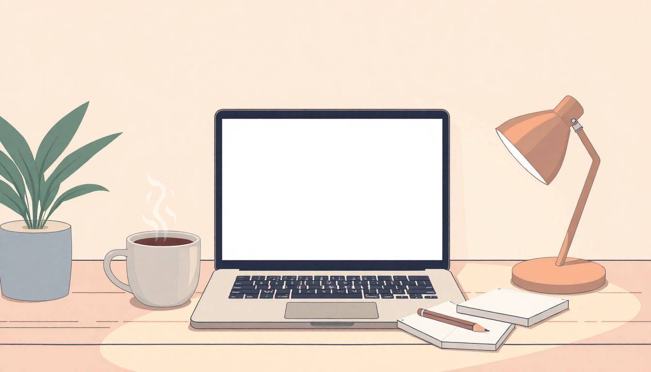 Minimalist workspace with an open laptop, steaming cup of coffee, and notepad with a pencil, all in soft lighting.