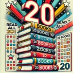 DALL·E 2025 01 21 15.30.33 A bold and colorful illustration emphasizing 20 Books prominently. A large stack of 20 books is the central focus each book clearly labeled with nu