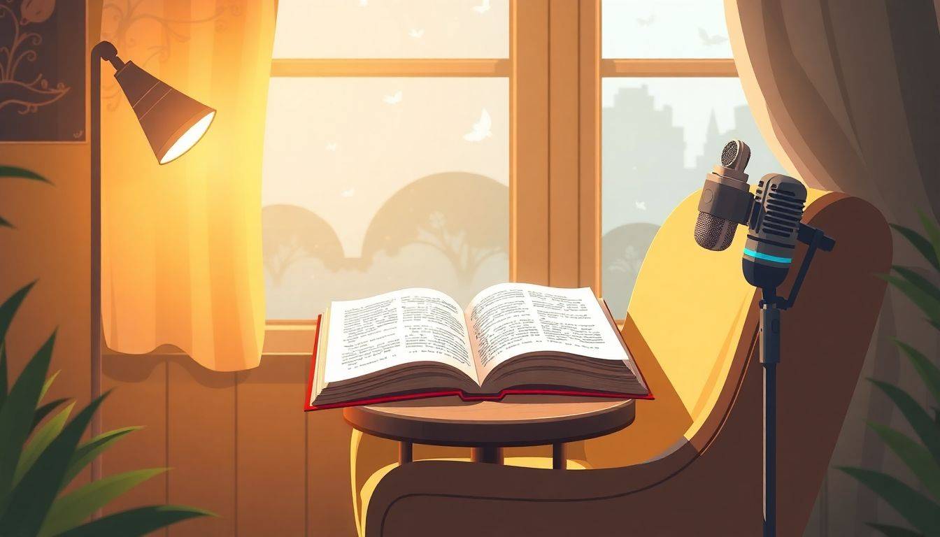 Cozy reading nook with a comfortable chair, an open book on a small table, and a nearby microphone; warm lighting and a gentle breeze flutter the pages, with ethereal silhouettes of story characters in the background.