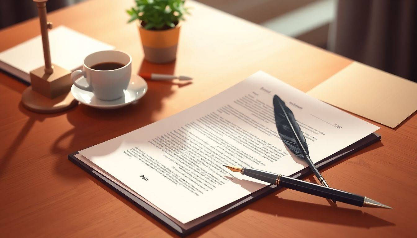 Open contract document on a wooden desk with a quill pen beside it, softly lit. A coffee cup and a small potted plant are in the background.