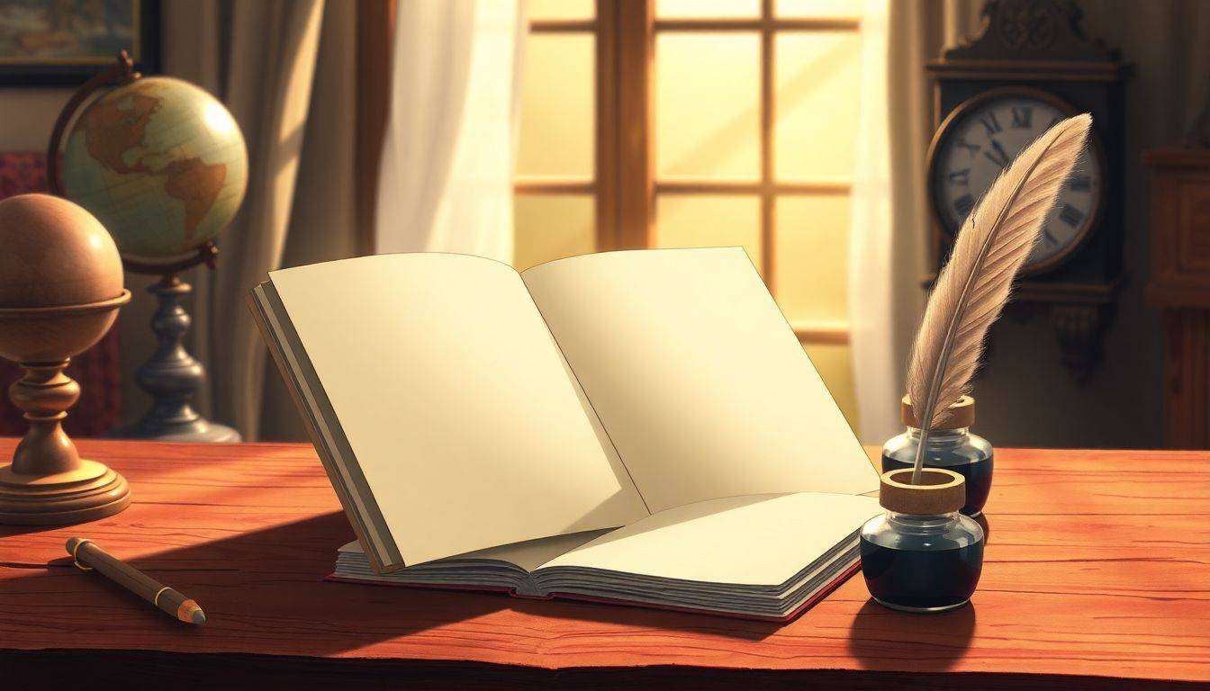 Open blank notebook on a wooden table with a quill and inkpot beside it, illuminated by soft warm light from a window, with an old globe and clock in the background.