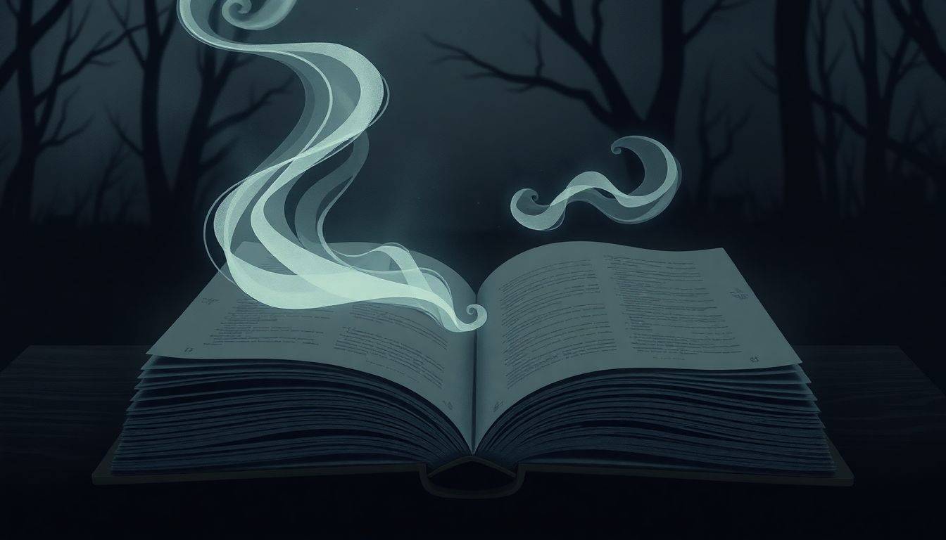 Open, weathered book with ghostly mist rising from its pages against a dark, atmospheric background with shadowy trees, creating an intriguing horror storytelling scene.