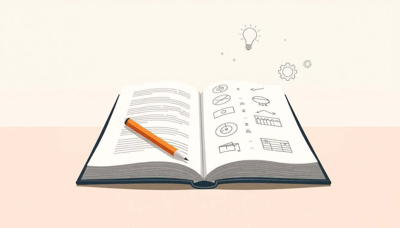 Open notebook with neat notes and diagrams, a pencil beside it, against a calming soft-colored background, with lightbulbs and gears symbolizing clarity and understanding.