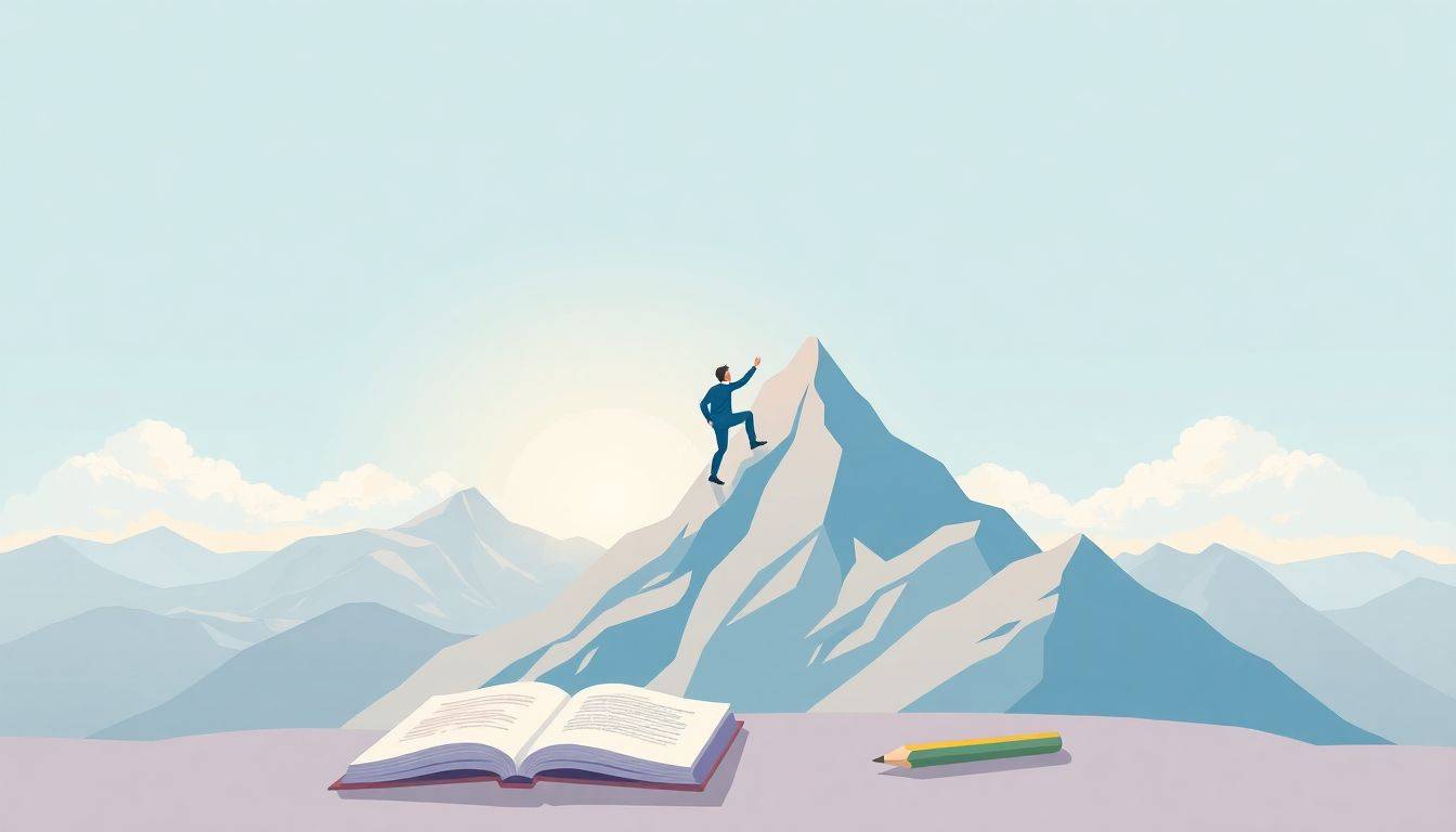 Illustration of a serene mountain landscape with a person climbing confidently, symbolizing overcoming challenges in academic writing, with soft colors, gentle sunlight, and an open book and pencil at the mountain's base.