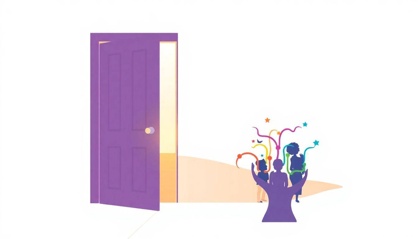 Minimalist illustration of an open door leading to a bright landscape, with an abstract brain symbol in the foreground. Colorful lines connect the brain to diverse silhouettes, representing transformation of thoughts and personal growth. Soft color palette conveys calm and understanding.