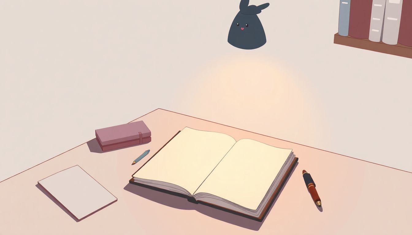 A minimalist illustration of a serene writing desk featuring an open notebook and a pen, surrounded by soft, warm lighting, with a whimsical shadow nearby symbolizing an imaginary friend.