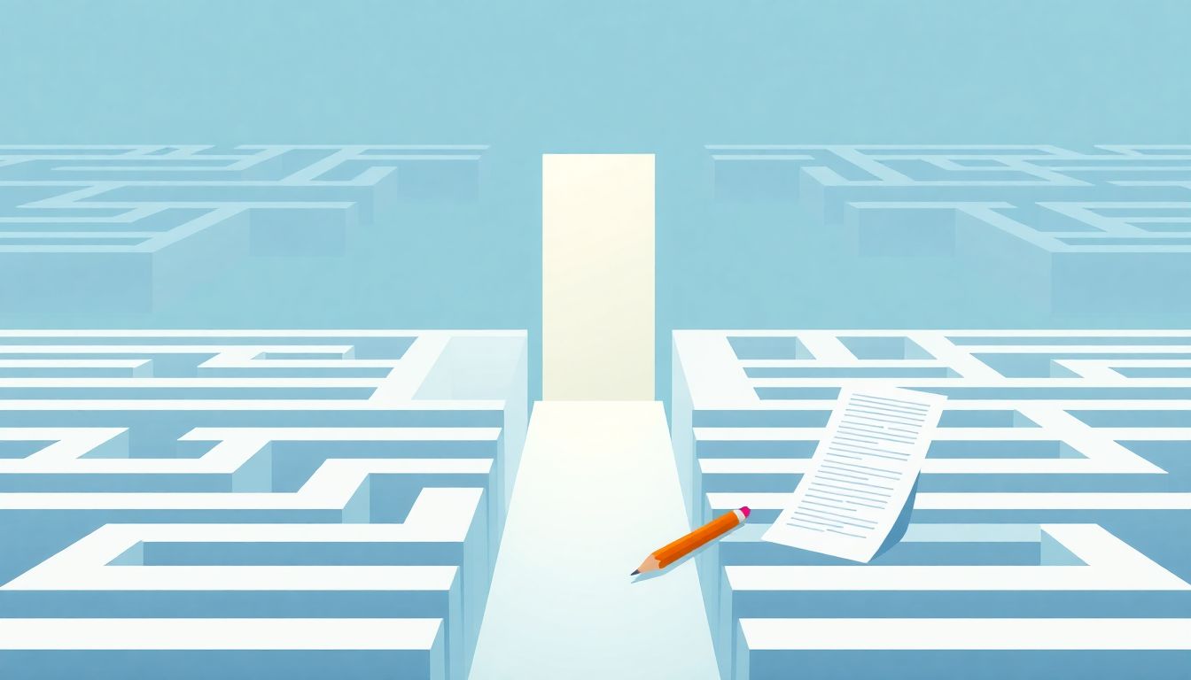 Minimalist maze design with soft colors, featuring a pathway to a well-lit exit in the center, and a pencil and policy brief document at the maze's entrance.