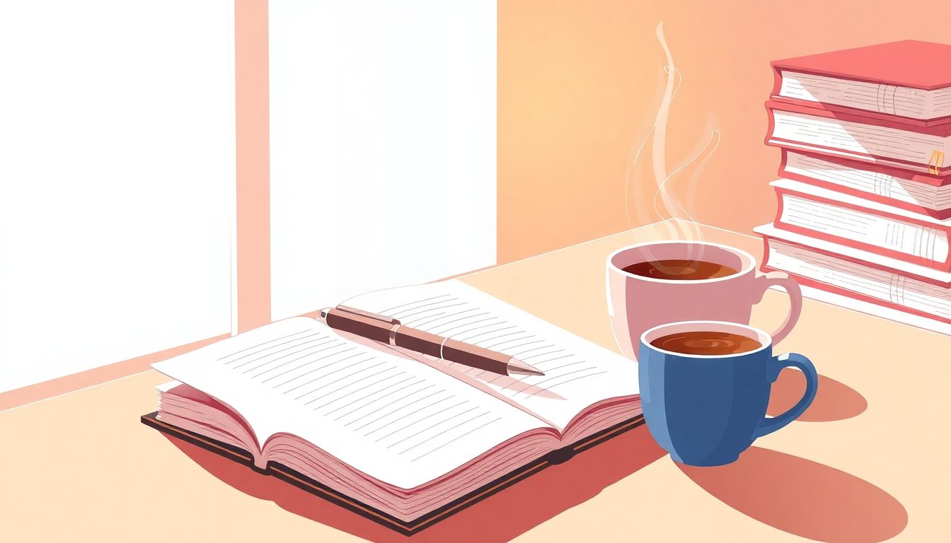 Illustration of a cozy writing corner with an open notebook, sleek pen, and steaming cup of coffee, warm-toned gradient background, sunlight filtering through a window, and a stack of books in the background.