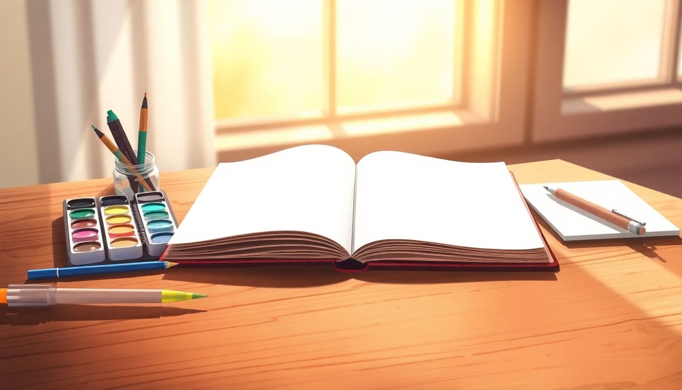 Welcome to our Blog Open journal with blank pages on a wooden table, surrounded by colorful art supplies including watercolor paints and pens, with soft warm light filtering through a window in the background.