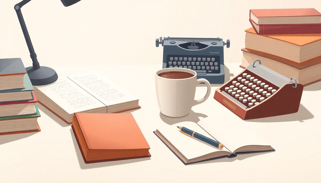 Welcome to our Blog Illustration of a serene desk scene featuring a beautifully crafted coffee cup at the center, surrounded by a stacked pile of books, a vintage typewriter, and an open notebook with a pen, all set against a soft, minimalistic background with calming lighting.