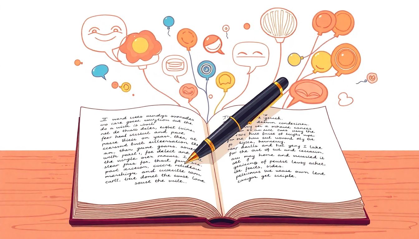 Welcome to our Blog An open notebook with neatly written dialogue snippets and a fountain pen on its pages, surrounded by abstract thought bubbles filled with colorful ideas, set in a warm, inviting color palette with soft lighting.