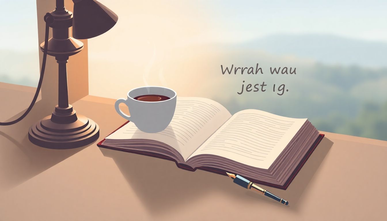 Welcome to our Blog A cozy writing nook with an open notebook, steaming cup of coffee, and a vintage pen beside it, set against a calming, blurred landscape. Soft colors and gentle textures create a serene atmosphere.