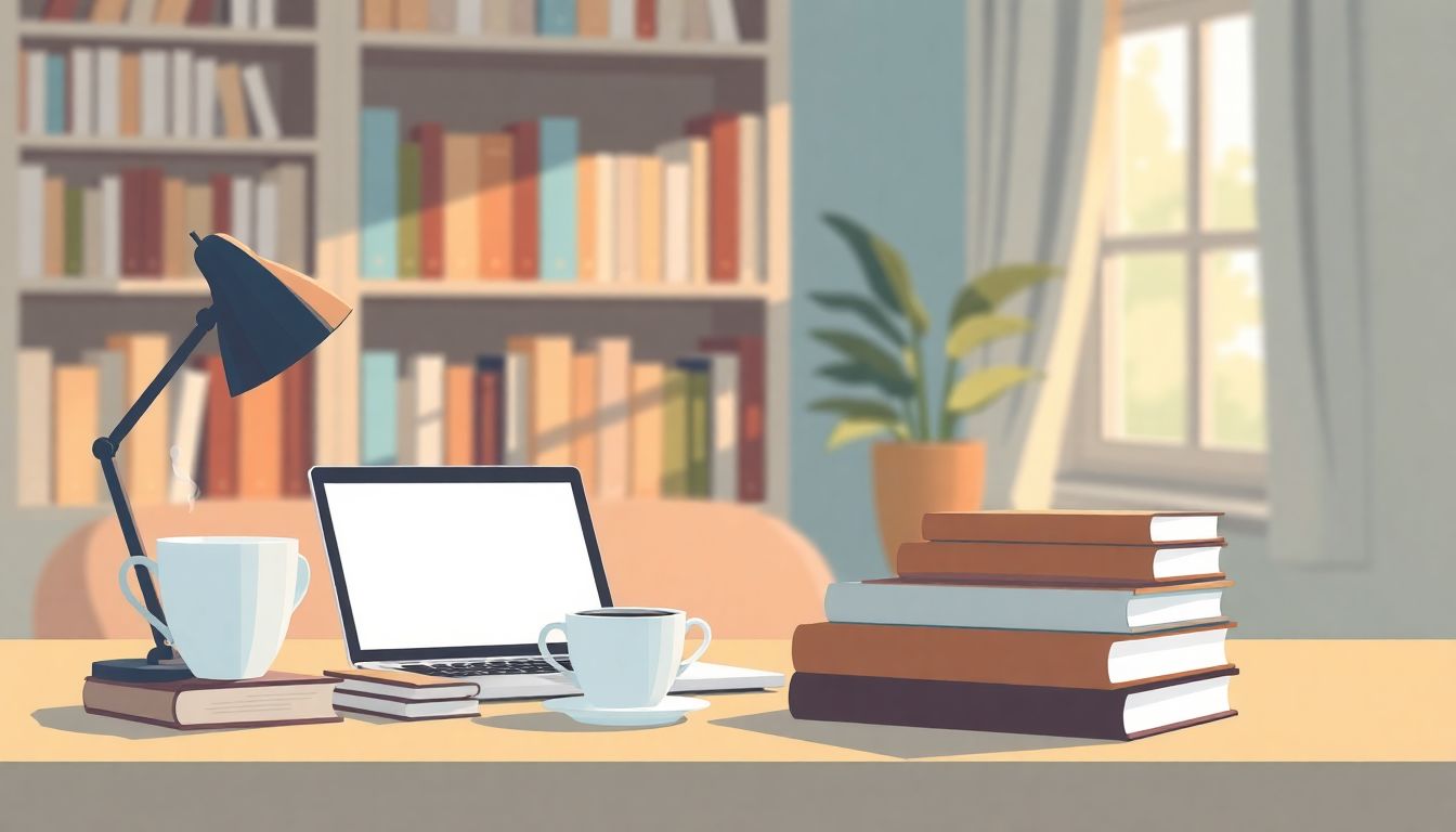 Welcome to our Blog Cozy workspace with an organized desk featuring an open laptop on a publishing platform, a steaming cup of coffee, stacked book covers, a soft bookshelf filled with books, and warm light from a nearby window.