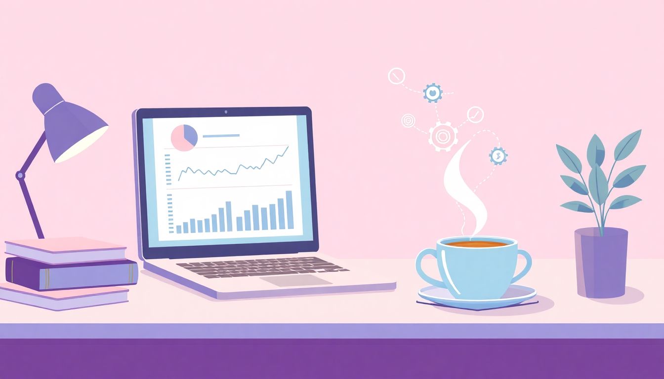 Welcome to our Blog Illustration of a peaceful workspace with a cozy desk, a laptop showing graphs and charts, a steaming cup of tea or coffee, and floating icons of gears and checkmarks, all in soft pastel colors.