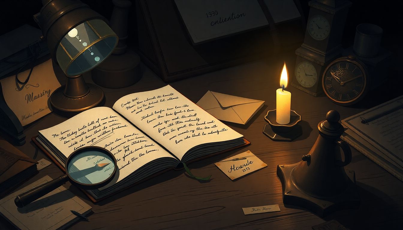 Welcome to our Blog Detective's desk with a vintage magnifying glass, open notebook with handwritten notes, a mysterious envelope, and a flickering candle, set in a dark, moody atmosphere.