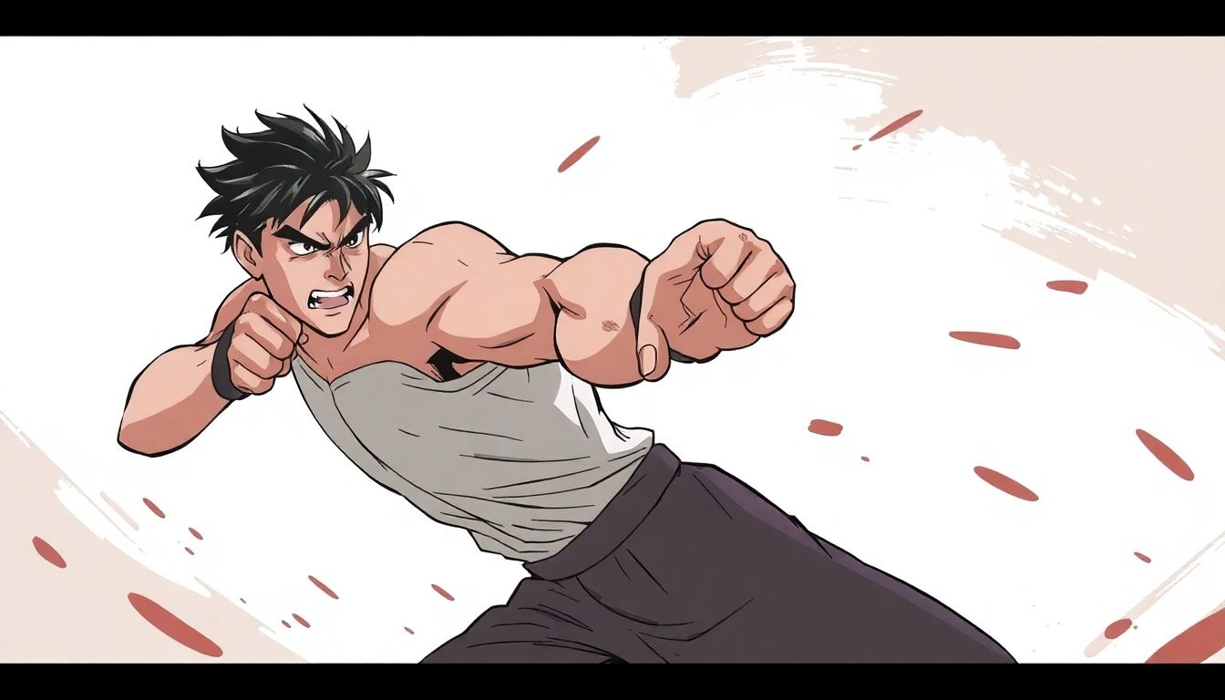 Automateed Newsletter A fighter delivering a powerful punch with intense emotion, set against a simple abstract background that conveys movement and tension, using a limited color palette and soft lighting.