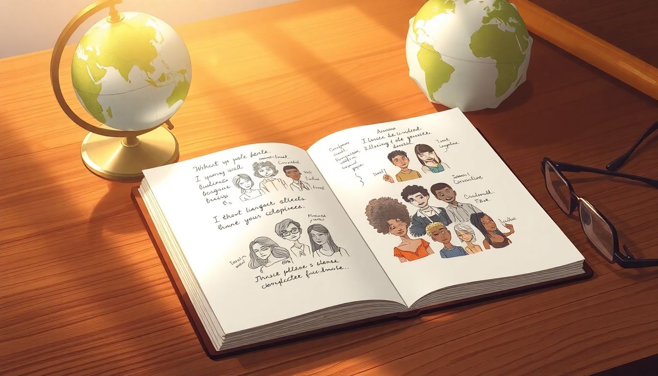 Automateed Newsletter Open notebook on a wooden desk with handwritten notes and sketches of diverse characters, surrounded by warm light, with a small globe and reading glasses in the background.