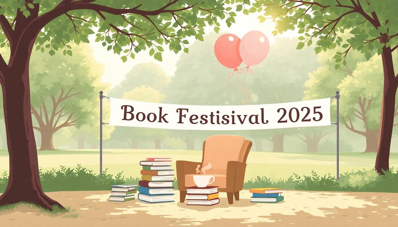 Automateed Newsletter Cozy reading nook in a sunny outdoor park with a comfortable chair, stacked books, and a steaming cup of tea, surrounded by tree branches, a "Book Festival 2025" banner, and decorative balloons.