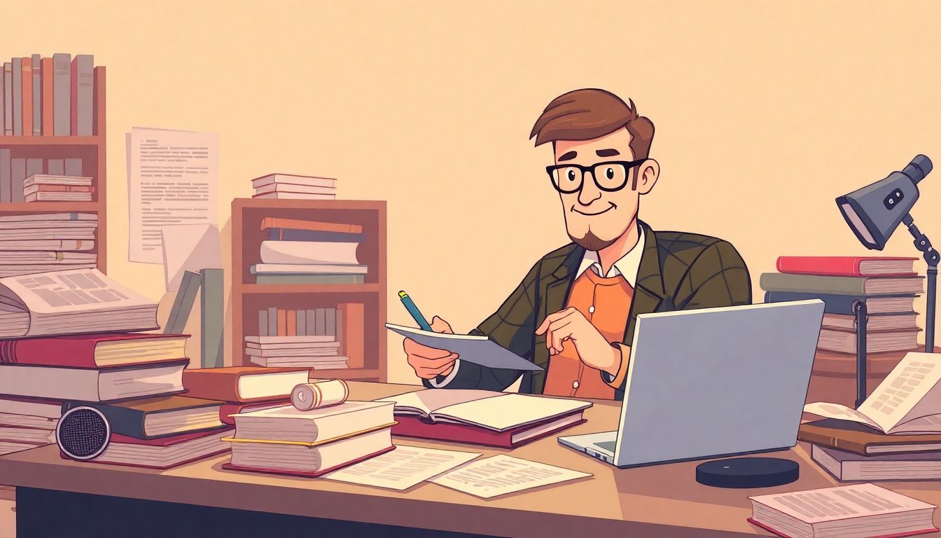 Automateed Newsletter Illustration of a wise, approachable media expert sitting at a cluttered desk with books and a laptop, jotting down notes. Surrounding them are visual metaphors like newspapers and microphones, with a warm, inviting background and soft lighting, conveying a calm atmosphere focused on helping authors gain media coverage.