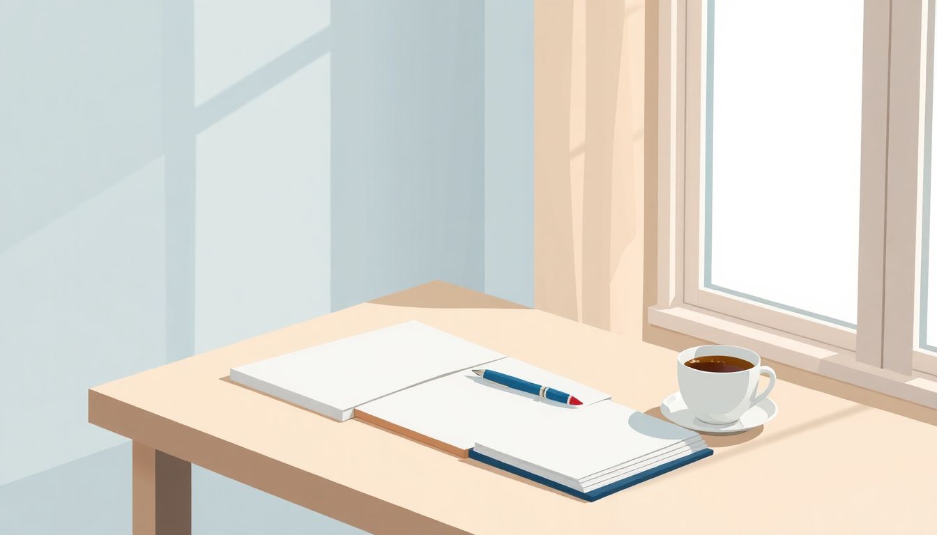 Automateed Newsletter Serene workspace with a minimalist writing desk, open notebook, sleek pen, and a cup of coffee, bathed in natural light with soft blue and beige tones.