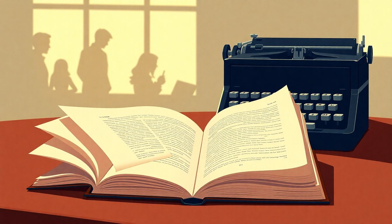 Automateed Newsletter Illustration of an open book on a table with fluttering pages, an old-fashioned typewriter beside it, and faint silhouettes of characters in the background, conveying the transformation of a novel into a screenplay.