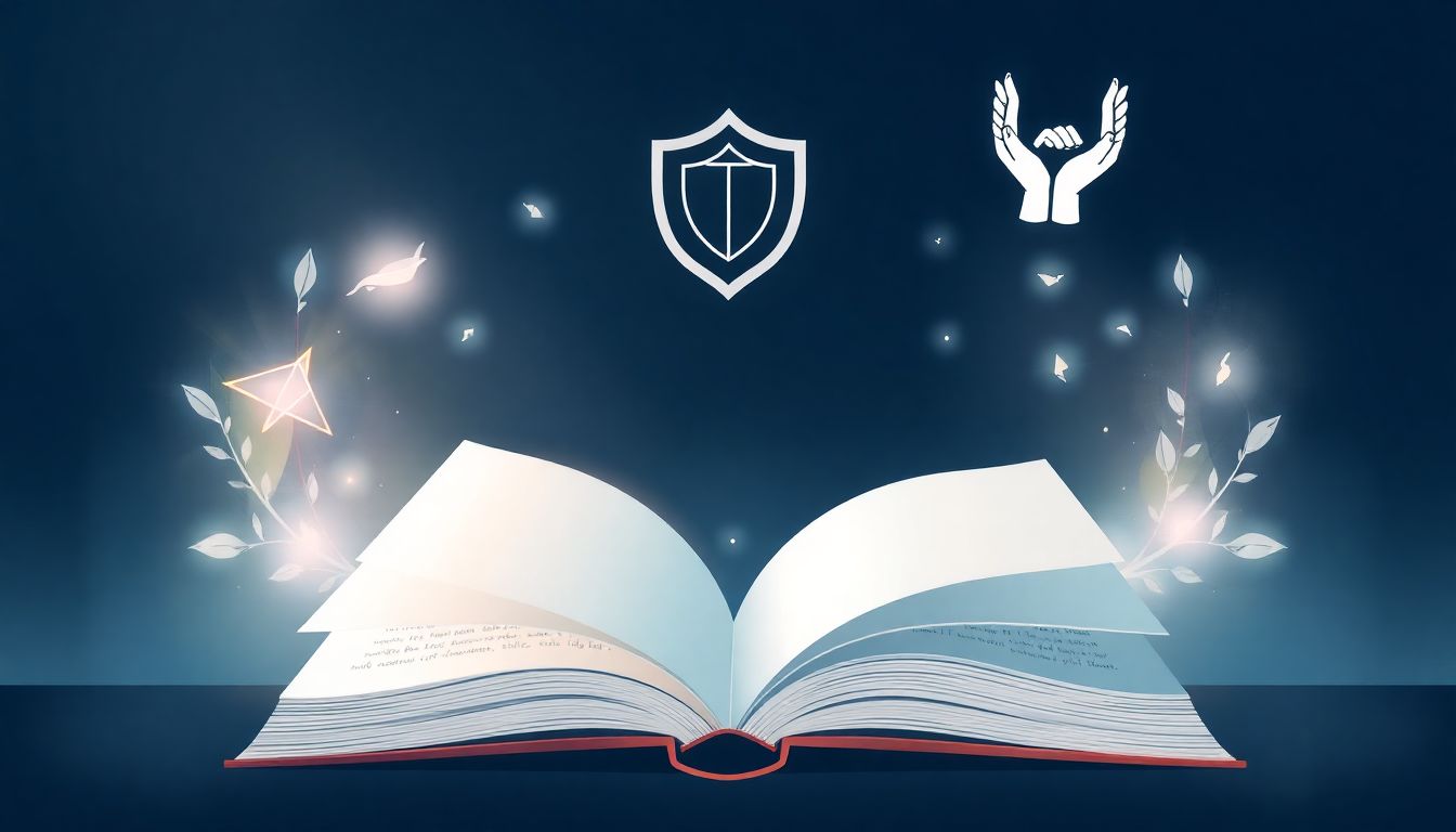 Automateed Newsletter An open book with flipping pages surrounded by soft light, featuring a shield and intertwined hands in the background, symbolizing protection and partnership.