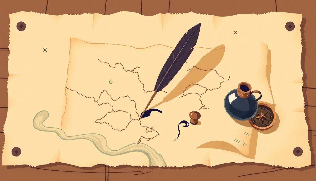 Automateed Newsletter A vintage treasure map with a quill and ink pot on it, surrounded by a compass and a flowing wave of ink, in warm, inviting colors.