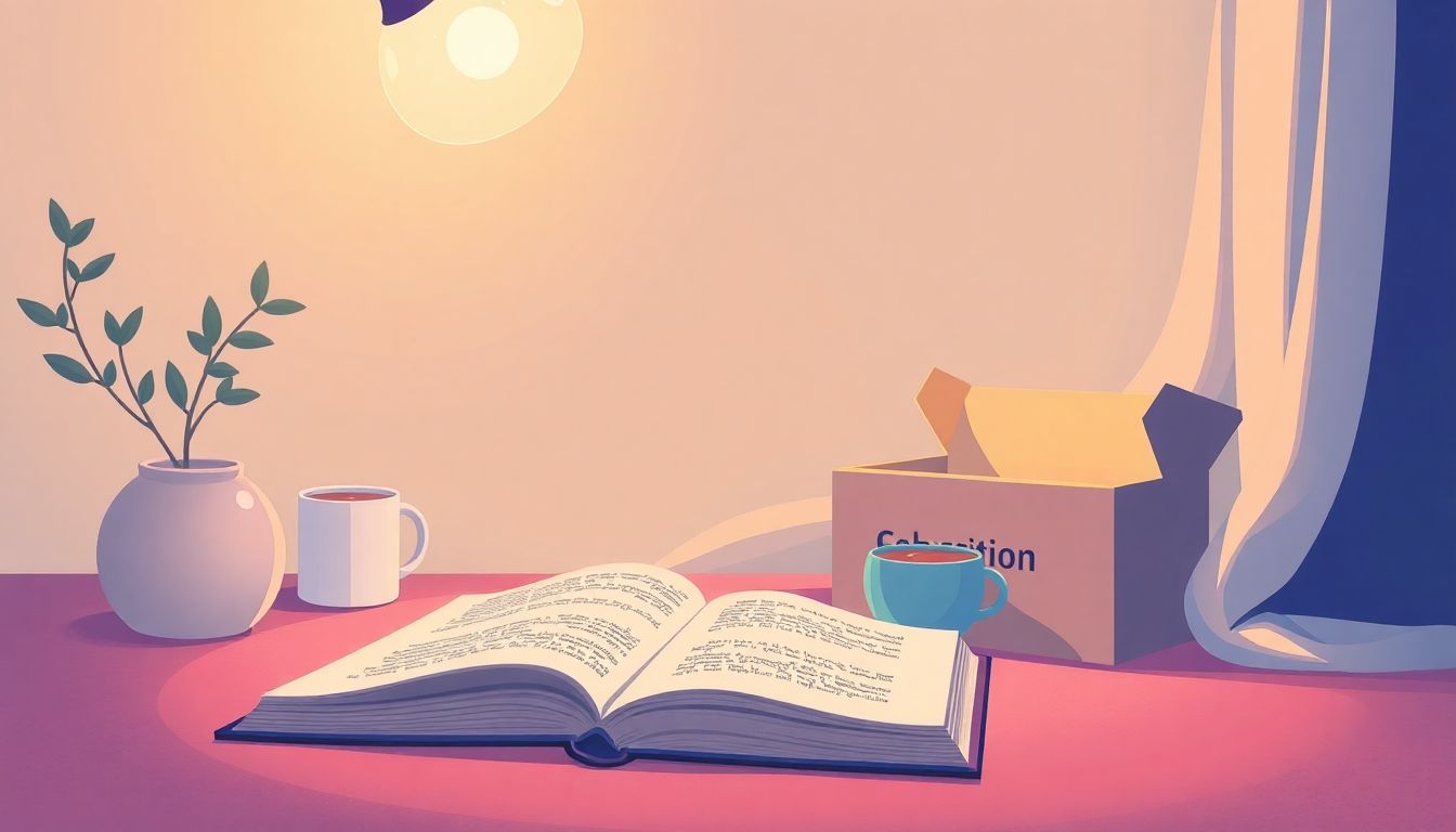 Automateed Newsletter Cozy reading nook with an open book, a subscription box, a cup of tea, and a comfy blanket, bathed in warm lighting and calming colors.