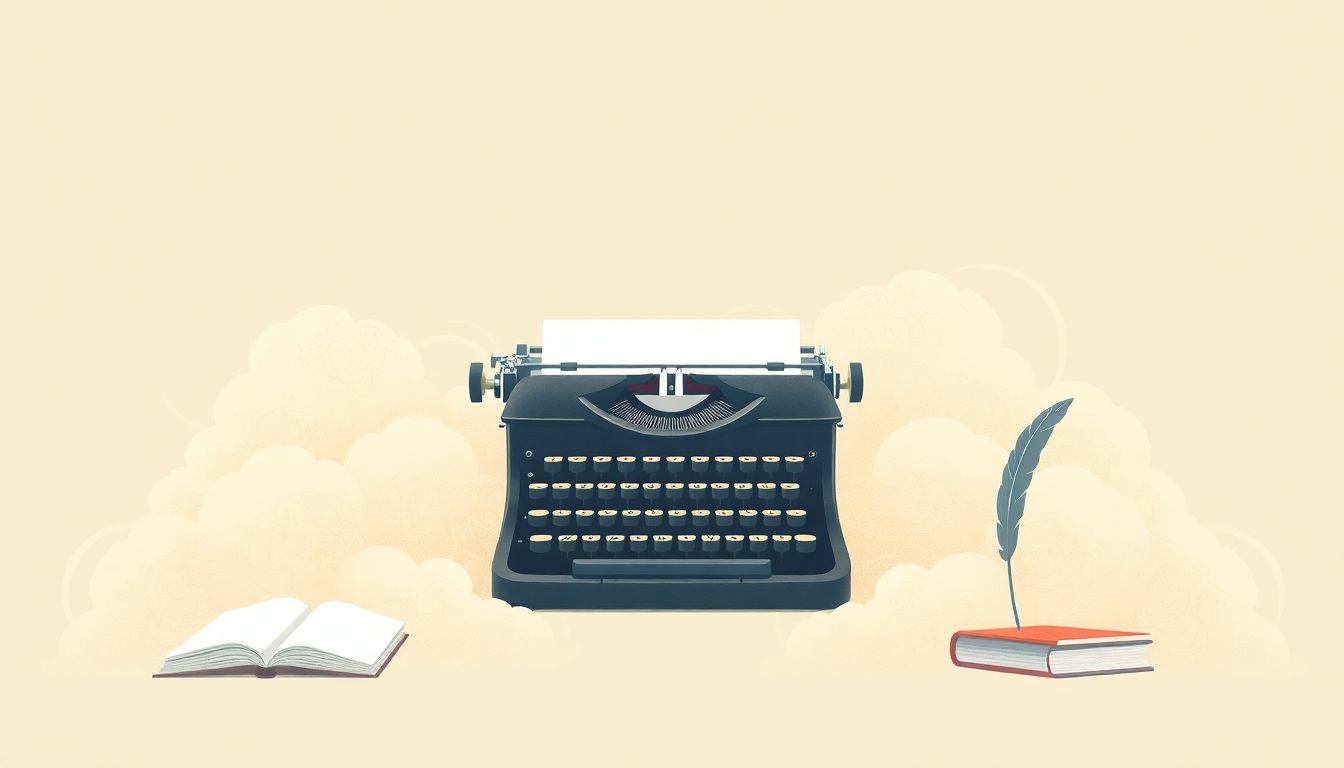 Automateed Newsletter Elegant typewriter surrounded by soft pastel clouds, hints of books and a quill, conveying personal branding for authors.