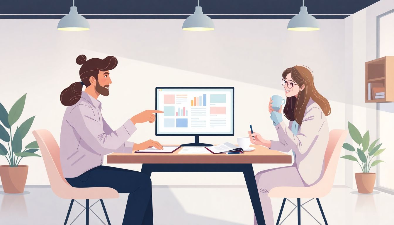 Automateed Newsletter A diverse team of three people collaborating over a large document in a bright, minimalistic workspace, with one pointing at a colorful screen, another taking notes, and a third smiling while sipping coffee. Soft pastel colors and potted plants enhance the cozy atmosphere.