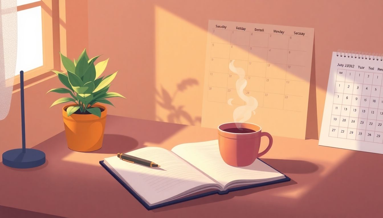 Automateed Newsletter A cozy writing desk with an open notebook and pen, warm lighting, a potted plant, and a steaming mug of tea or coffee; faint outlines of a goal-marked calendar in the background create a minimalist, calming atmosphere.
