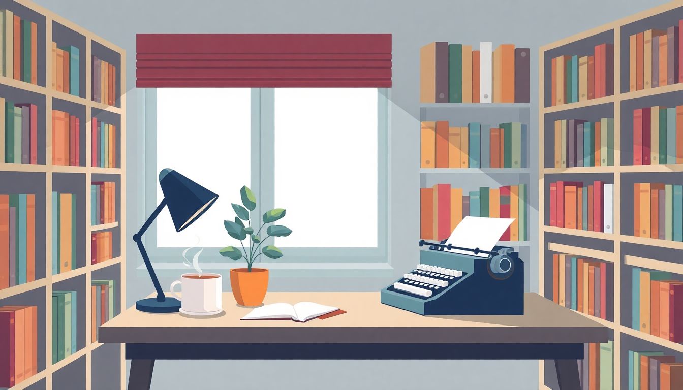 Automateed Newsletter A cozy writing nook featuring a small desk with a typewriter and a steaming cup of coffee, surrounded by colorful bookshelves and a potted plant.