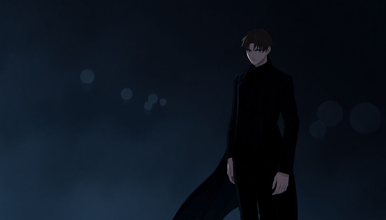 Automateed Newsletter Mysterious villain in a dimly lit setting, wearing a dark elegant outfit and displaying a thoughtful expression, surrounded by subtle shadows and blurred silhouettes of past conflicts.