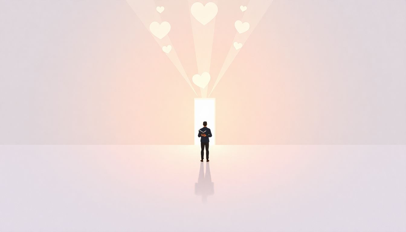 Automateed Newsletter A solitary figure stands in a vast, open room holding a book, gazing towards a distant glowing door symbolizing opportunities, surrounded by floating hearts and light beams that represent engagement, with a calm color palette conveying introspection and hope.