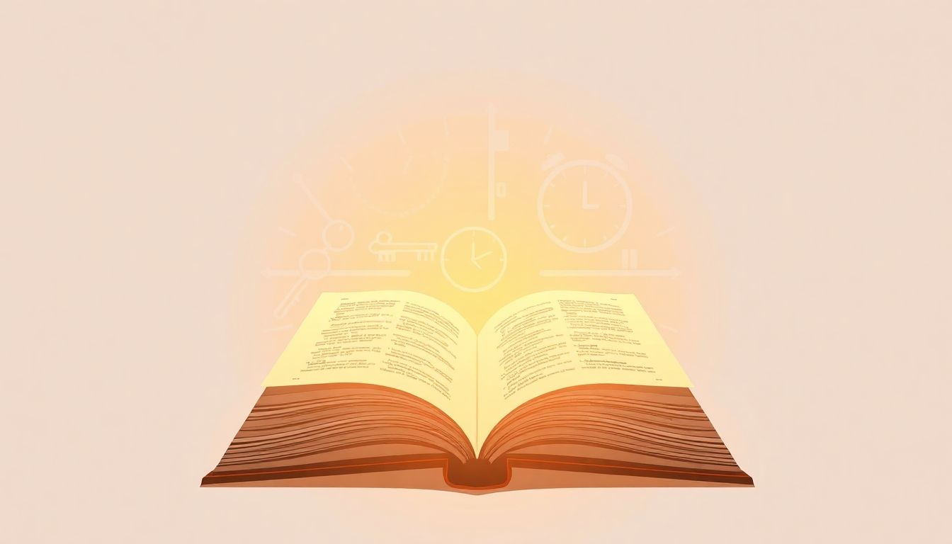 Open book surrounded by a soft glow, with subtle hints of keys and a clock in the minimalistic background, evoking themes of discovery and the author's journey. Warm color palette enhances the sense of hope and creativity.