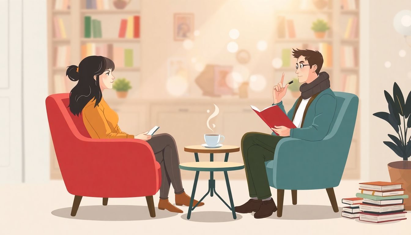 Cozy interview setting with two comfortable chairs, a small table holding a steaming cup of coffee, and a stack of books, all bathed in soft, warm lighting. The background is blurred, highlighting the interaction between a curious interviewer and a thoughtful author.